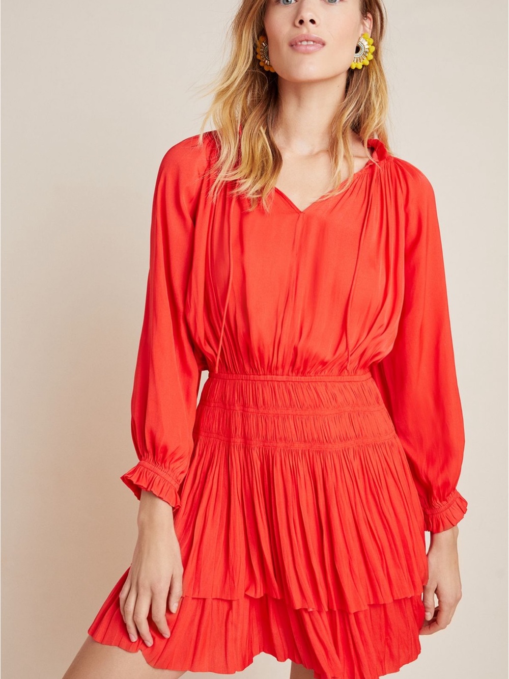 Current Air Red Long Sleeve Tiered Mini Dress